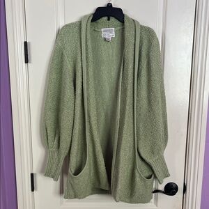 Vintage Sage Green Open Front Cardigan Cozy Knit Pockets Lightweight Size XL